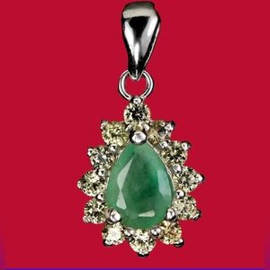 925 Sterling Silver Pendant with Natural Emerald 7x5mm & Sapphire Gems